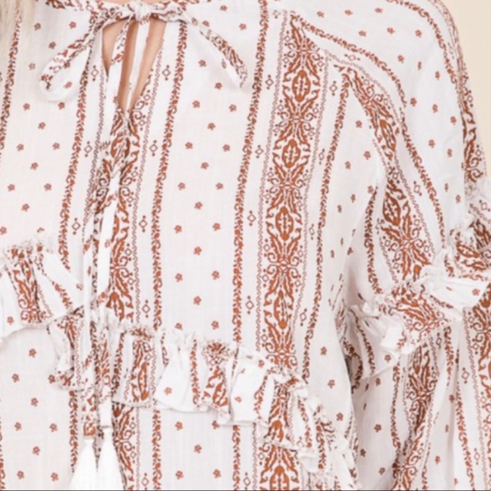 New! Boho Ruffles Tunic Tassels Hi Lo Hem and Elastic stretchy Cuffs Top - Picture 5 of 8